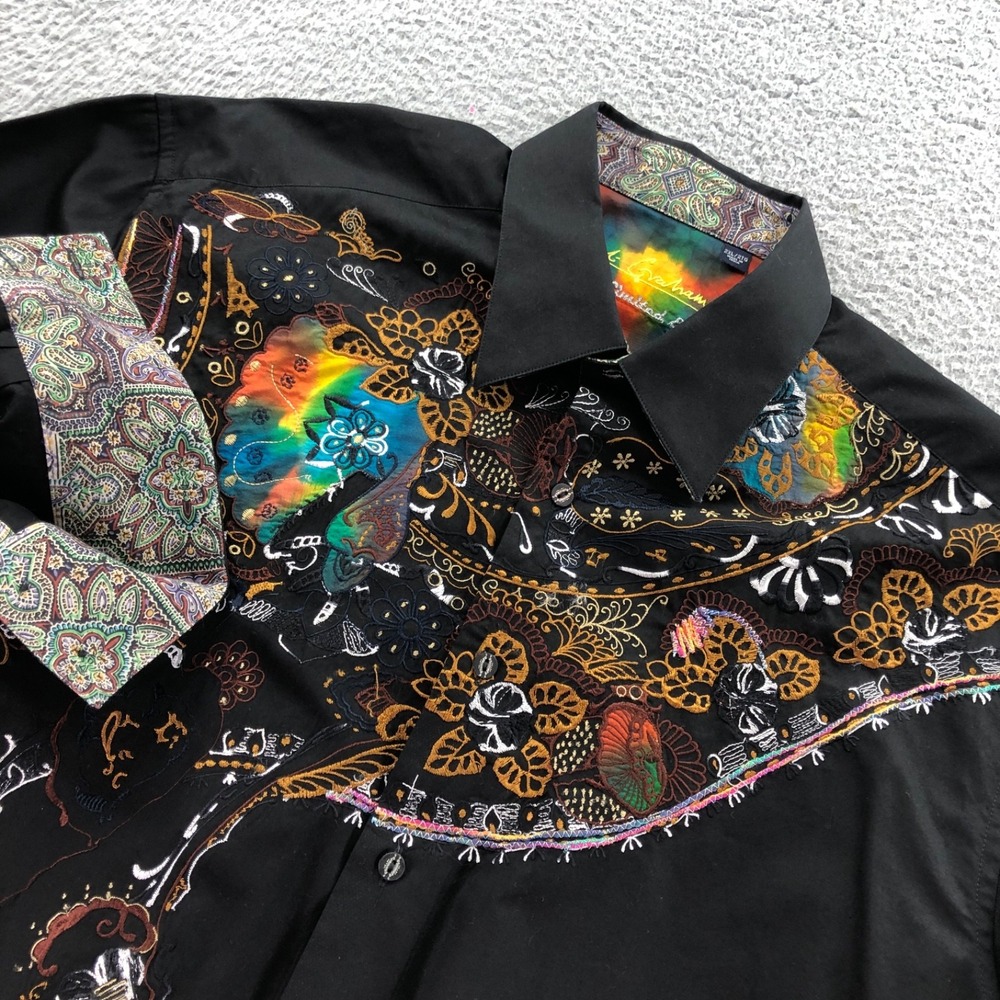 Robert Graham Shirt Mens 2XL Black Limited Edition Embroidered Flip Cuff Floral